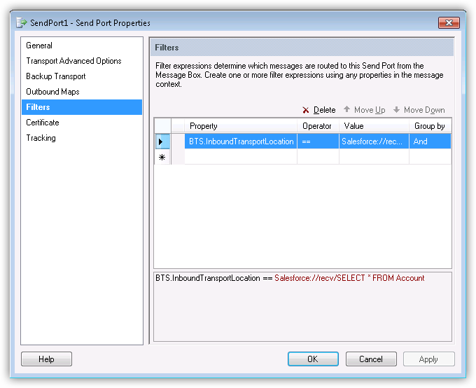 Filters specified for the send port. A receive location that executes a SELECT command is specified. (Salesforce is shown.)