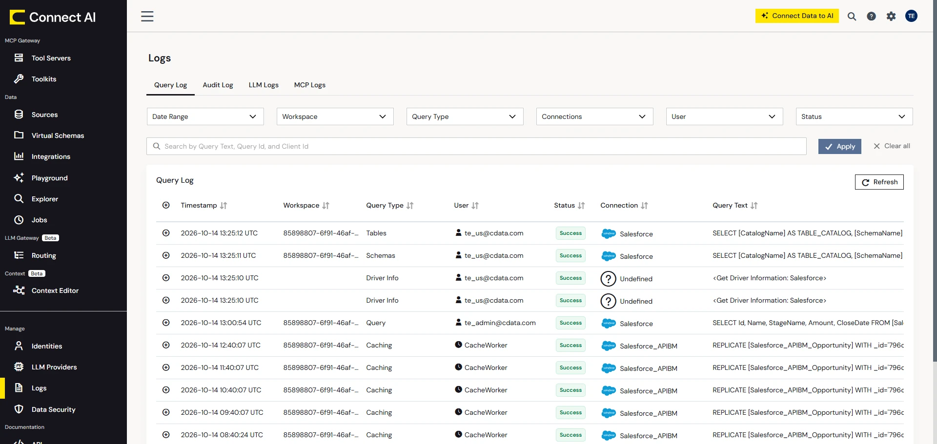 Reviewing the query log in Connect AI Reviewing the query log in Connect AI