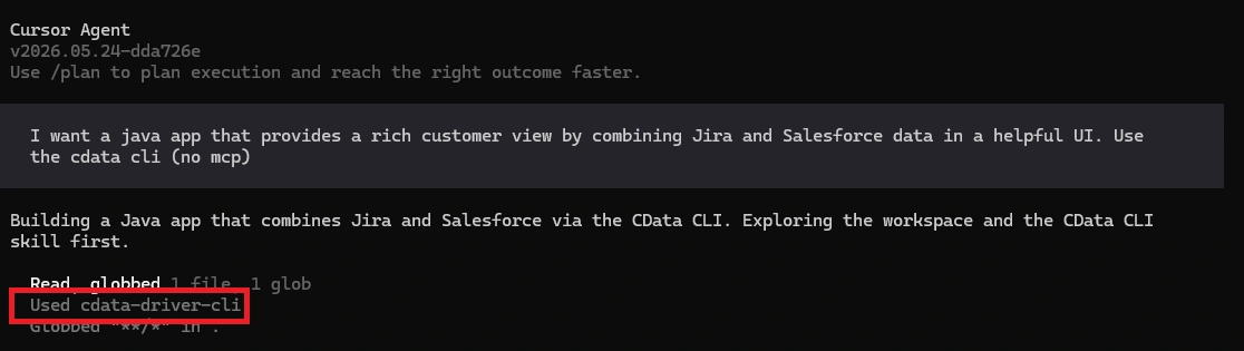 Cursor Agent activates the CData CLI skill