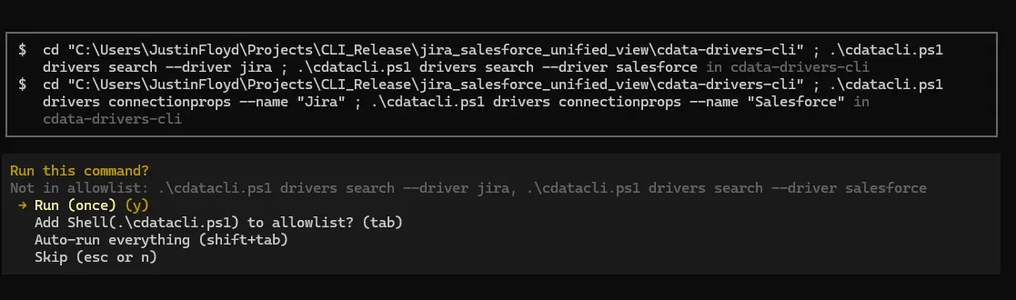 CData CLI searching for the Jira and Salesforce drivers