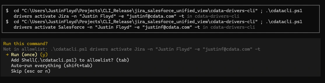 CData CLI activating the drivers