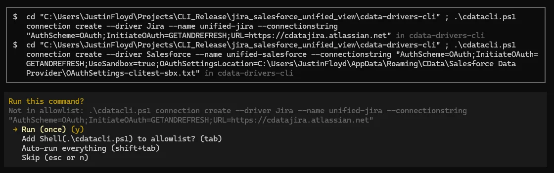 CData CLI creating authenticated connections