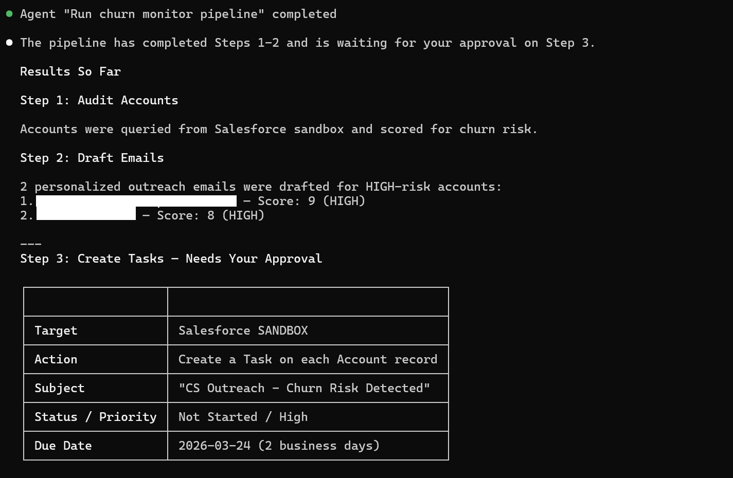 Churn monitor agent waiting for approval on the task-creation step
