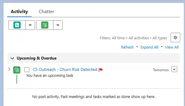 Salesforce Activity tab showing the new churn-risk outreach task