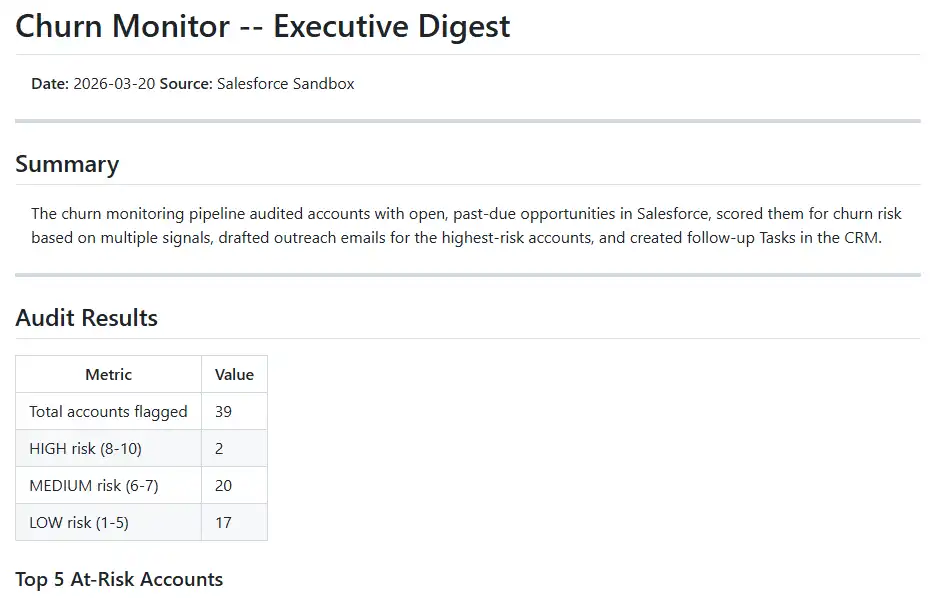 Executive summary of churn audit results and top at-risk accounts