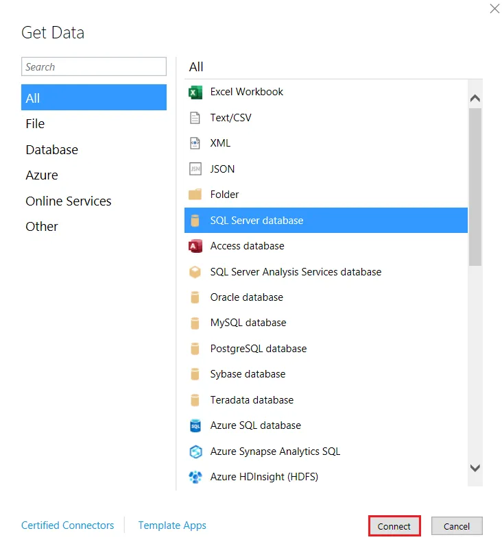 Selecting SQL Server database