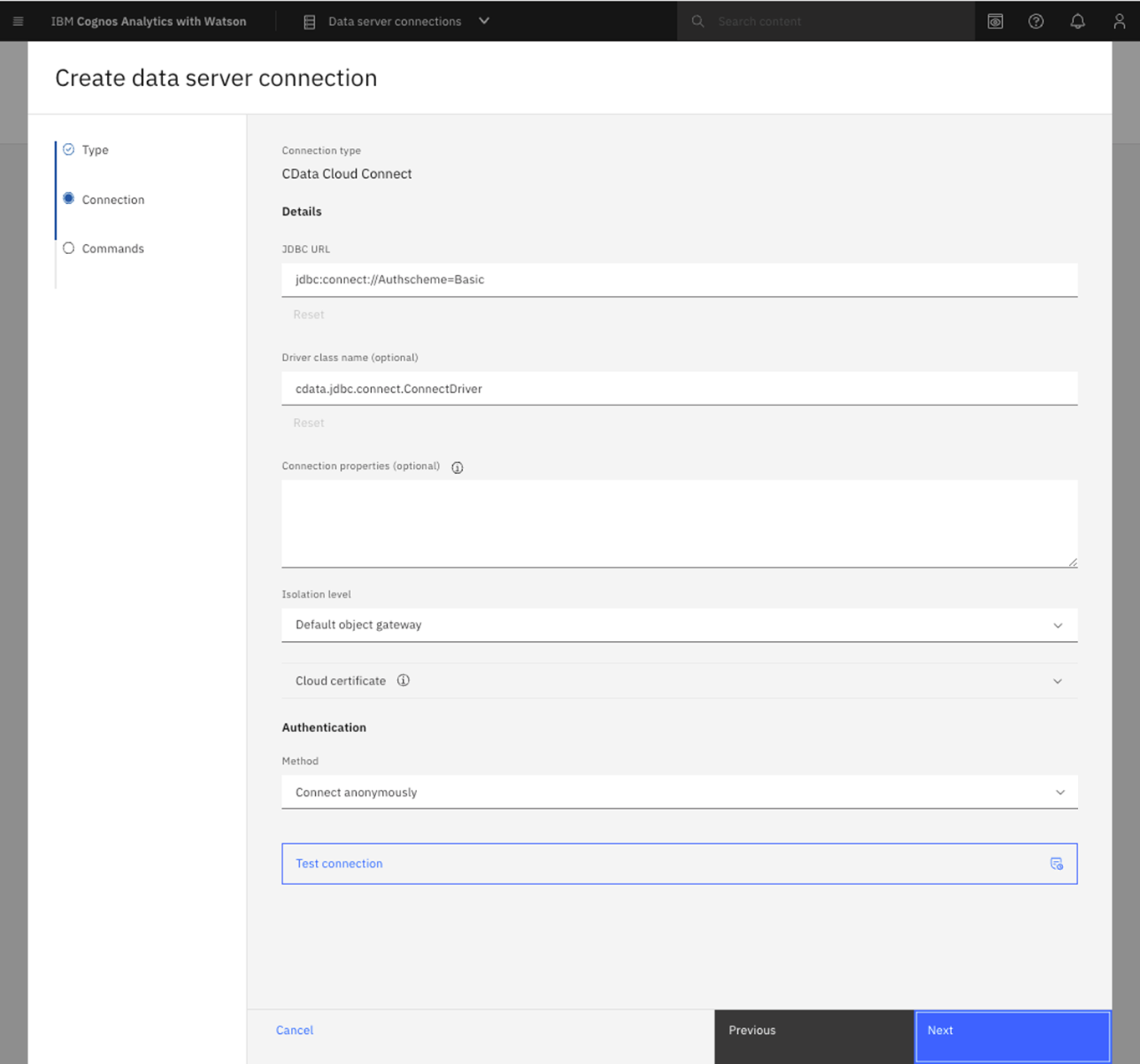 Connecting to CData Connect Cloud from Cognos Analytics
