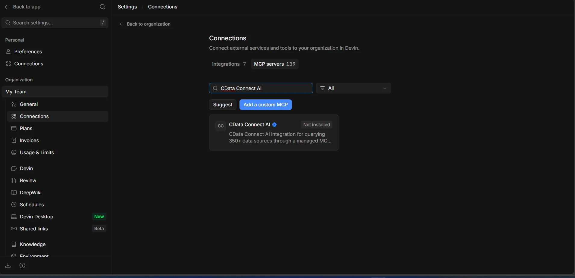Viewing MCP servers in Devin and searching for CData Connect AI