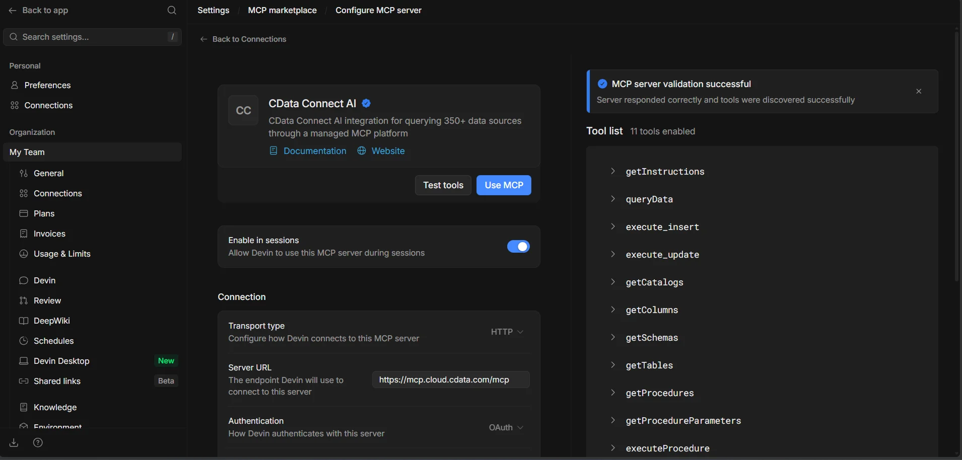 Verifying the Connect AI MCP tools in Devin