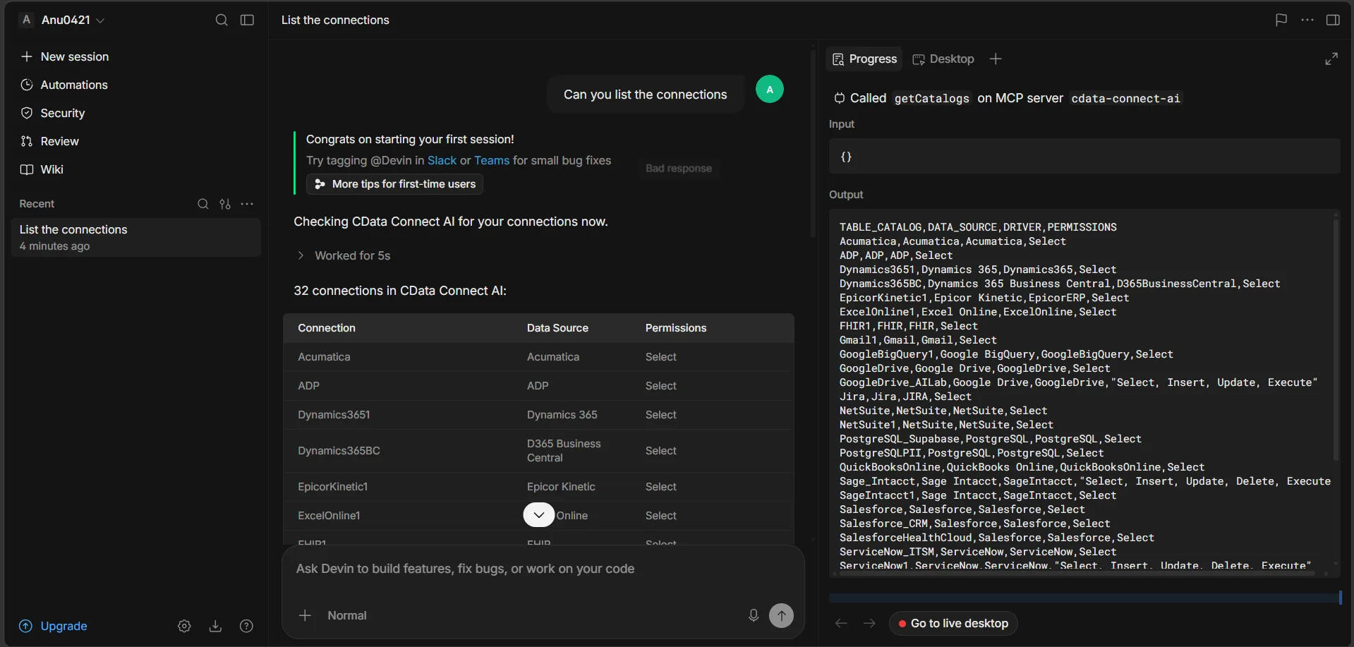 Querying live data from a Devin session
