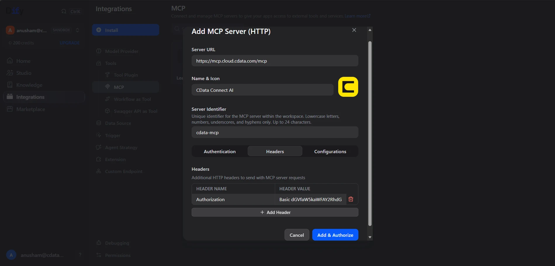 Adding the Connect AI MCP Server in Dify