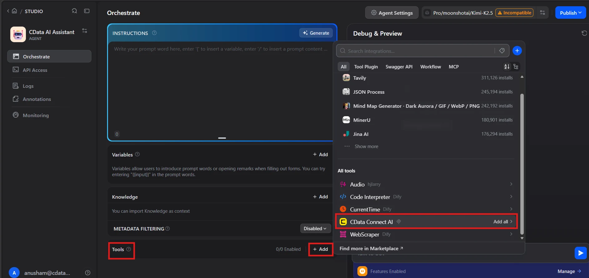 Adding the Connect AI MCP tools to a Dify agent