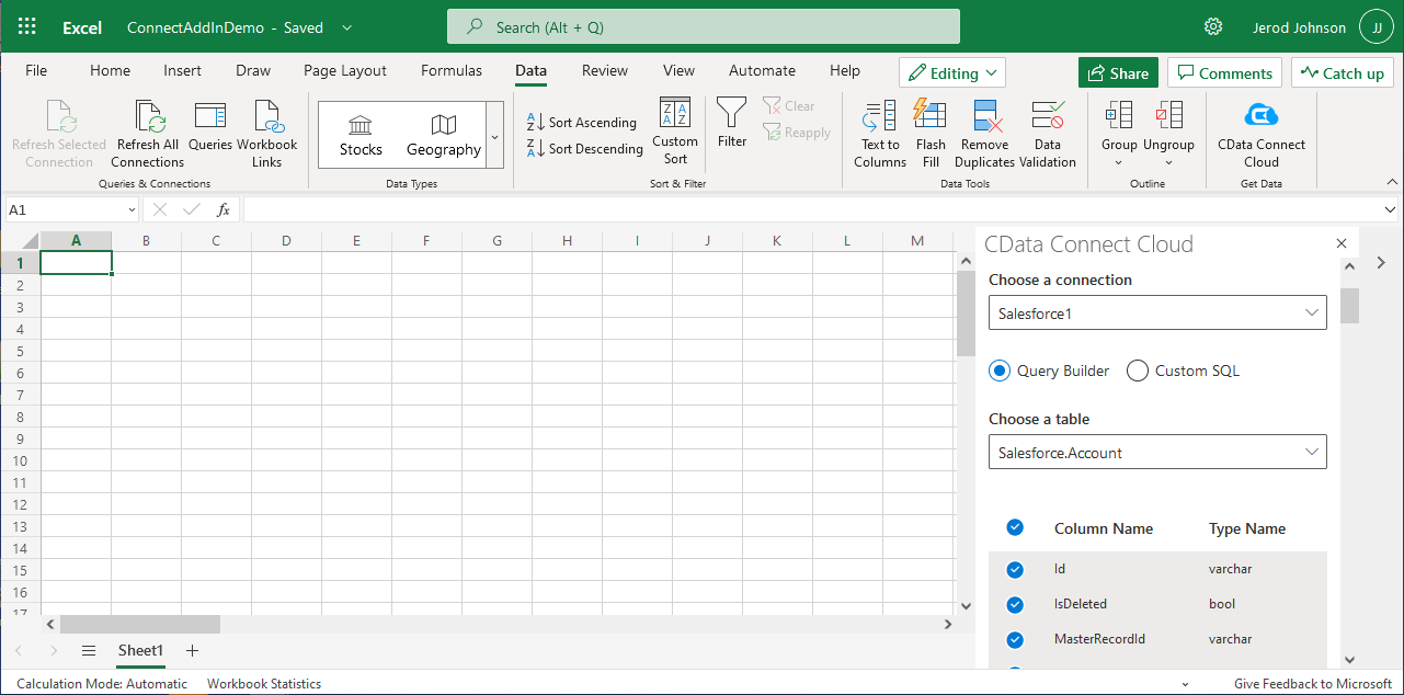 Excel 365 のCData Connect Cloud パネル
