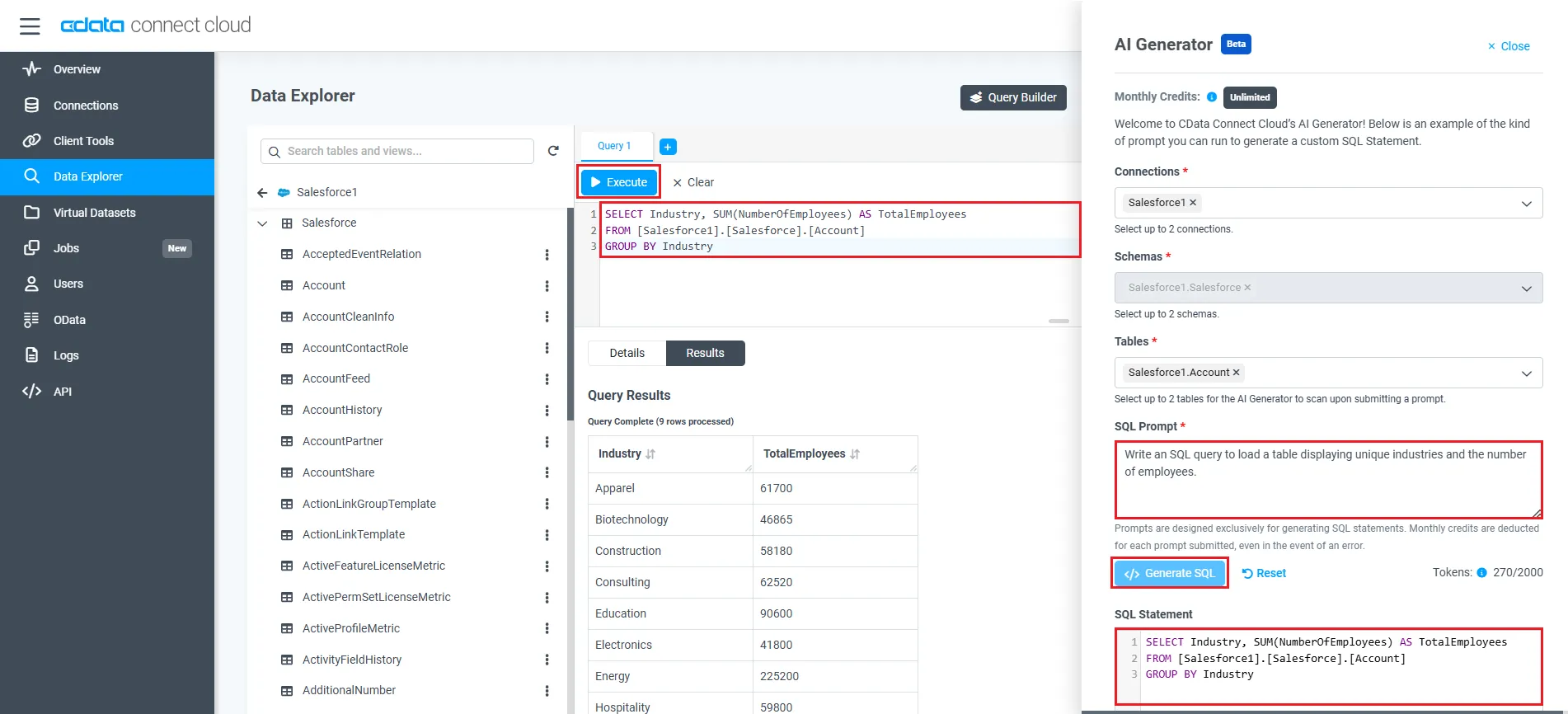 Generate an SQL query using AI Generator in Connect Cloud.