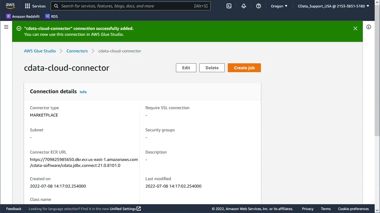 Creating a job from the new Connection.