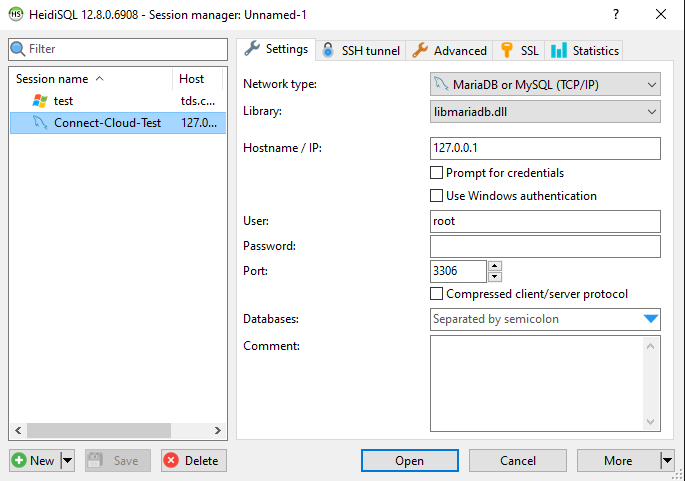 Creating a new session in HeidiSQL.