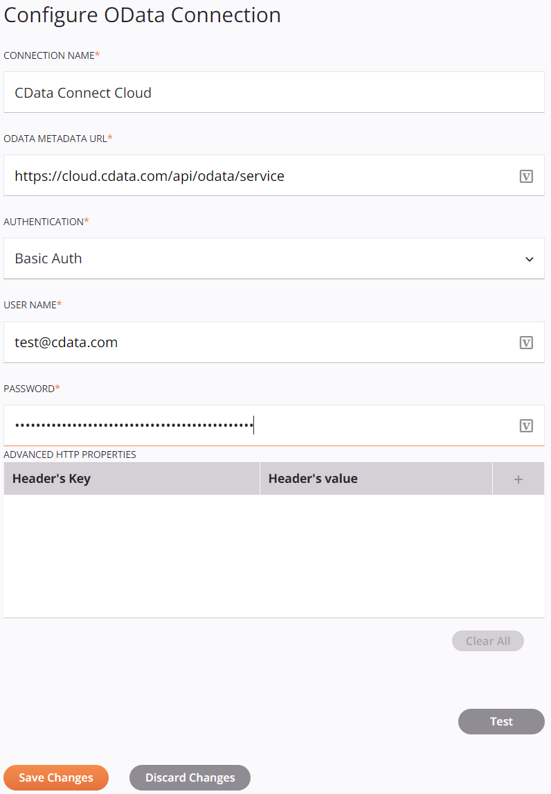 Configuring connectivity to the Connect Cloud OData endpoint.