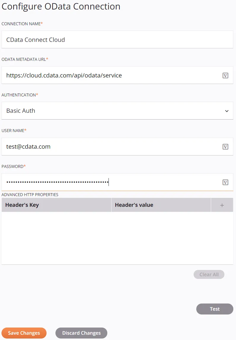 Configuring connectivity to the Connect Cloud OData endpoint.
