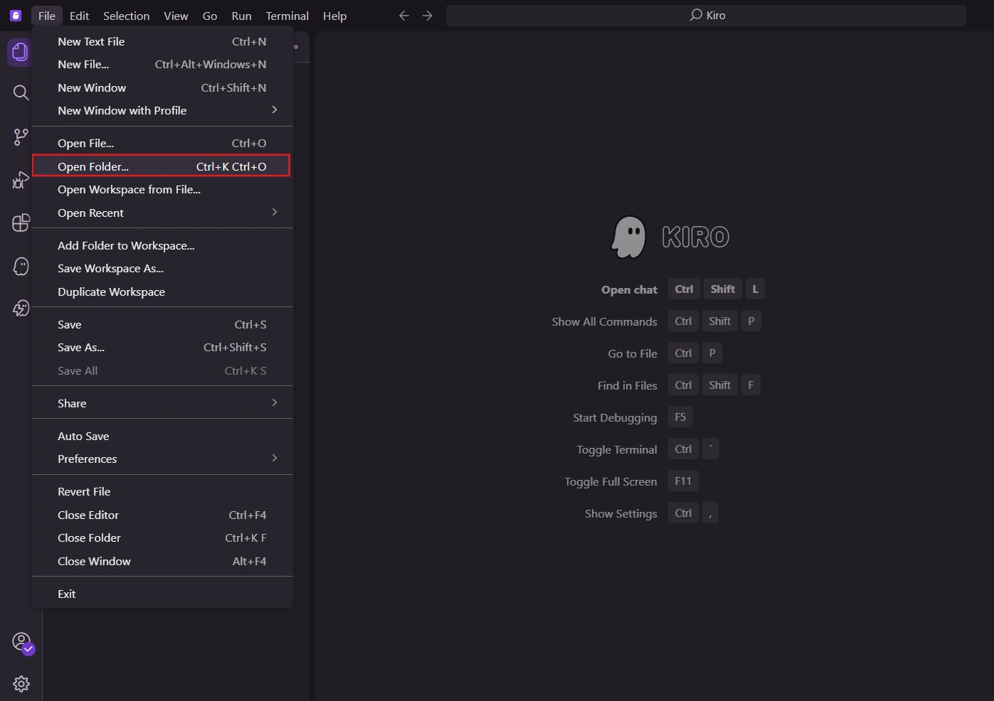 Opening a project folder in Kiro