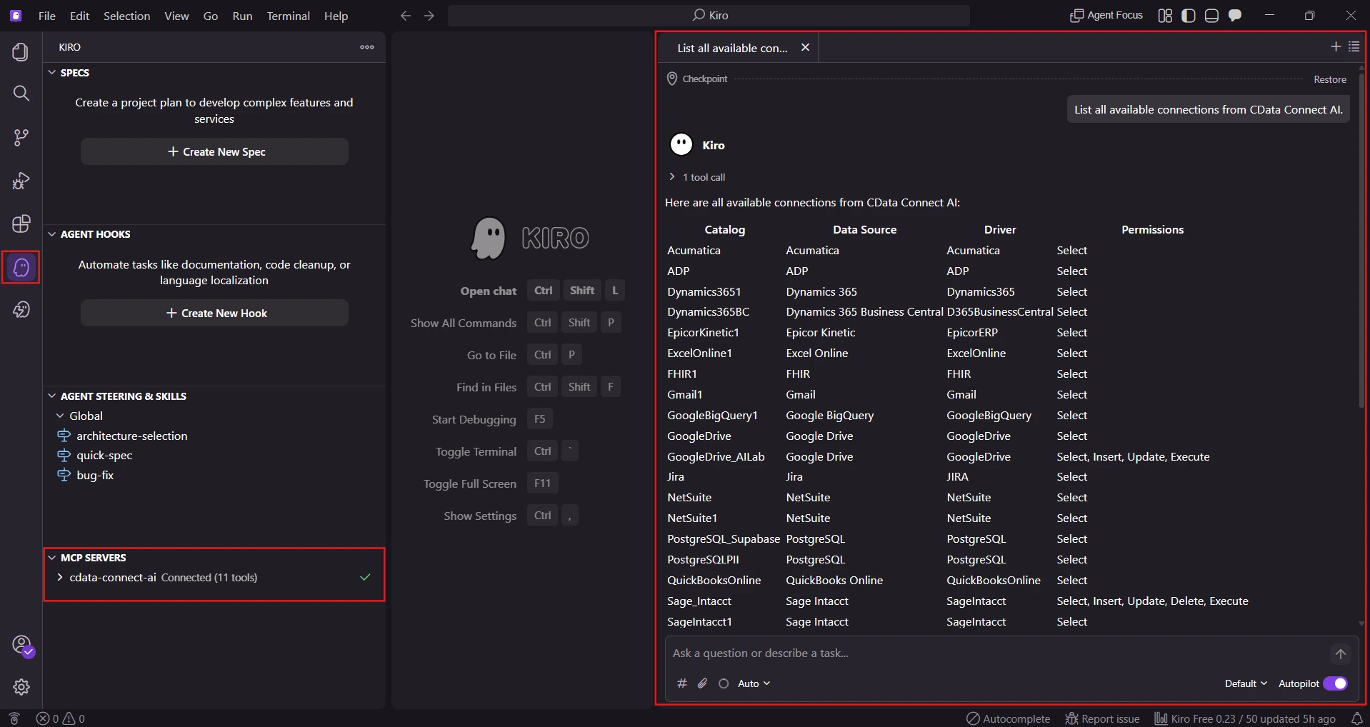 Verifying the Connect AI MCP server connection in Kiro