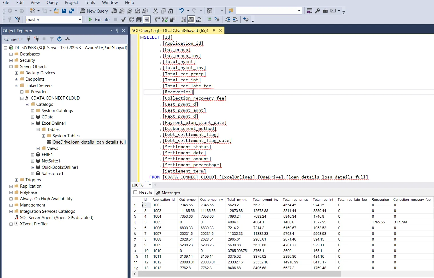 Querying live data in SQL Server Management Studio (Excel Online is shown)