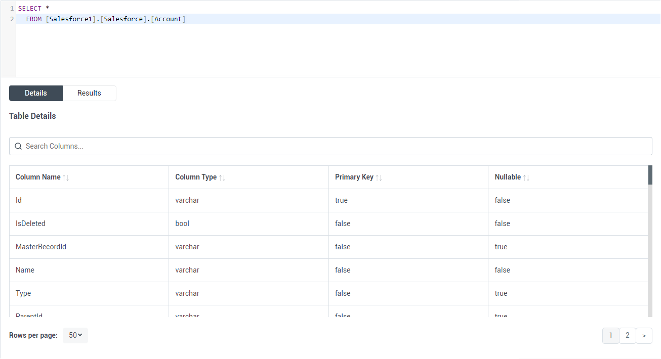 Table definition in the Data Explorer (Salesforce is shown)