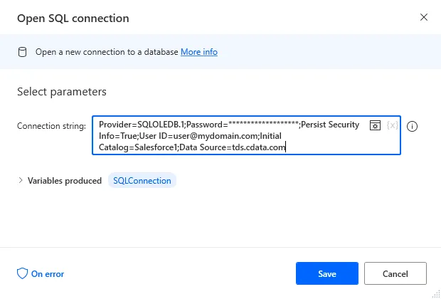A configured 'Open SQL connection' action