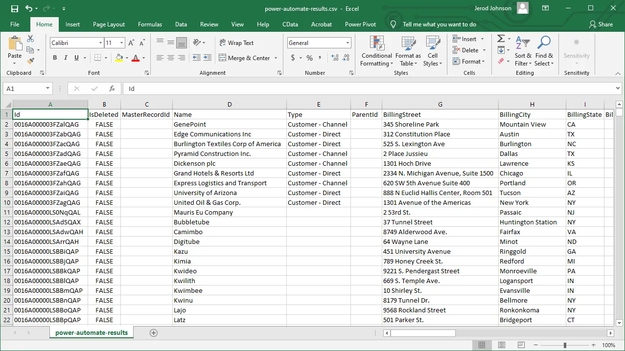 Application data in a CSV file (Salesforce is shown)