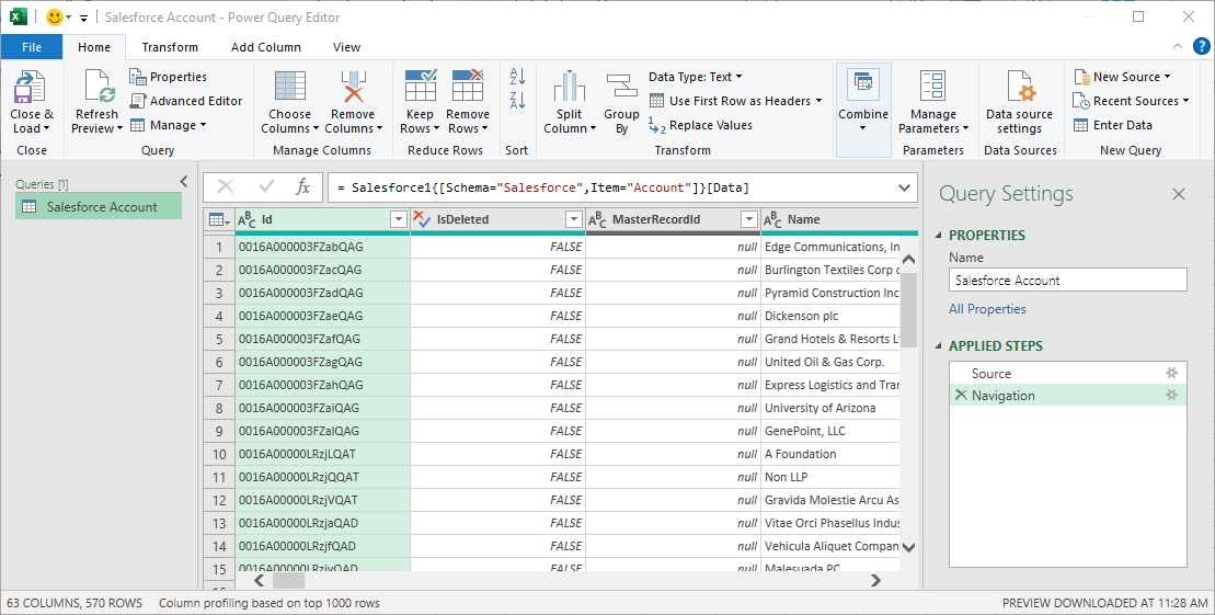 Working with data in Power Query (Salesforce is shown)