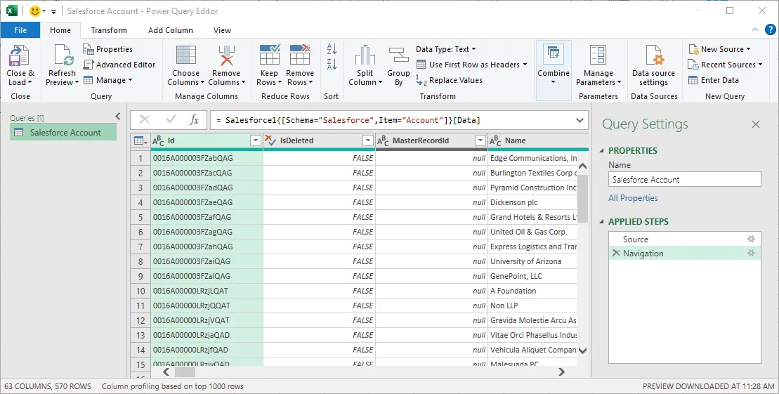 Working with data in Power Query (Salesforce is shown)