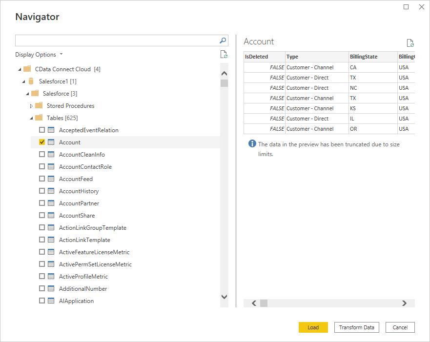 The available tables.（Salesforce の表示）