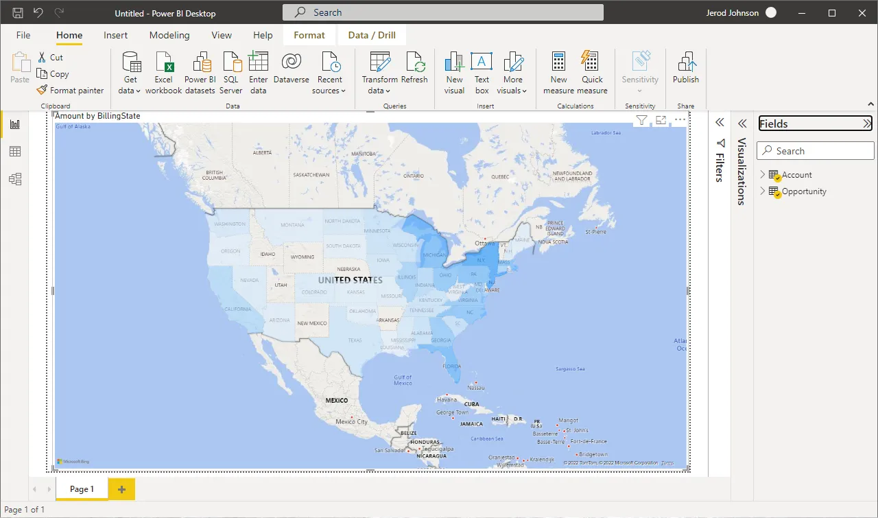 Visualizing data in Power BI (Salesforce data is shown)