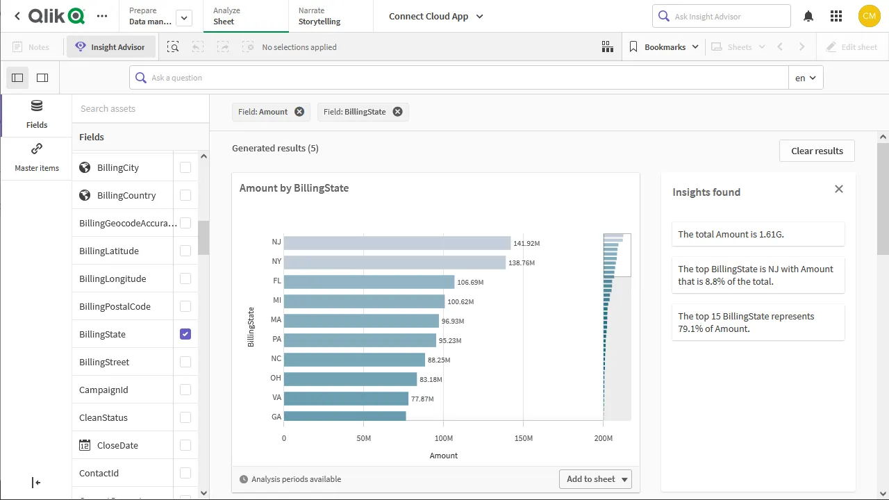 Generating insights on live data (Salesforce is shown.)