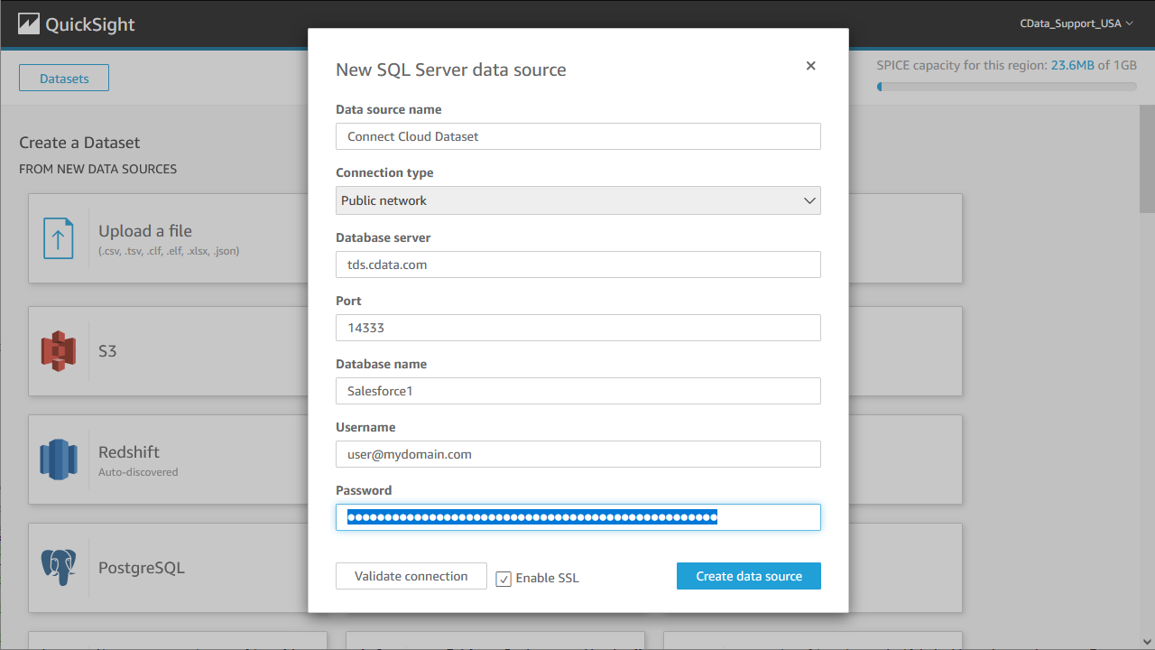 Connecting to Connect Cloud as a QuickSight data set.