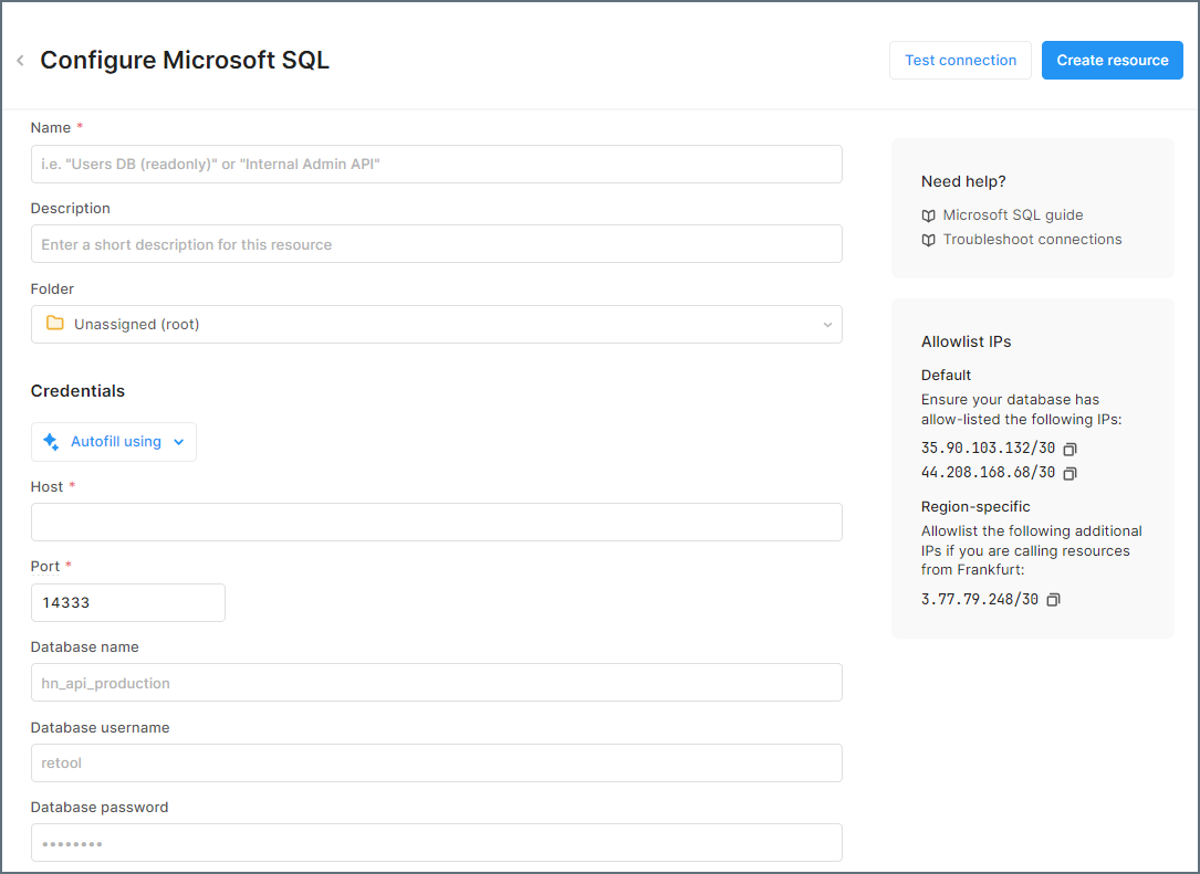 Microsoft SQL Resource Details in Retool