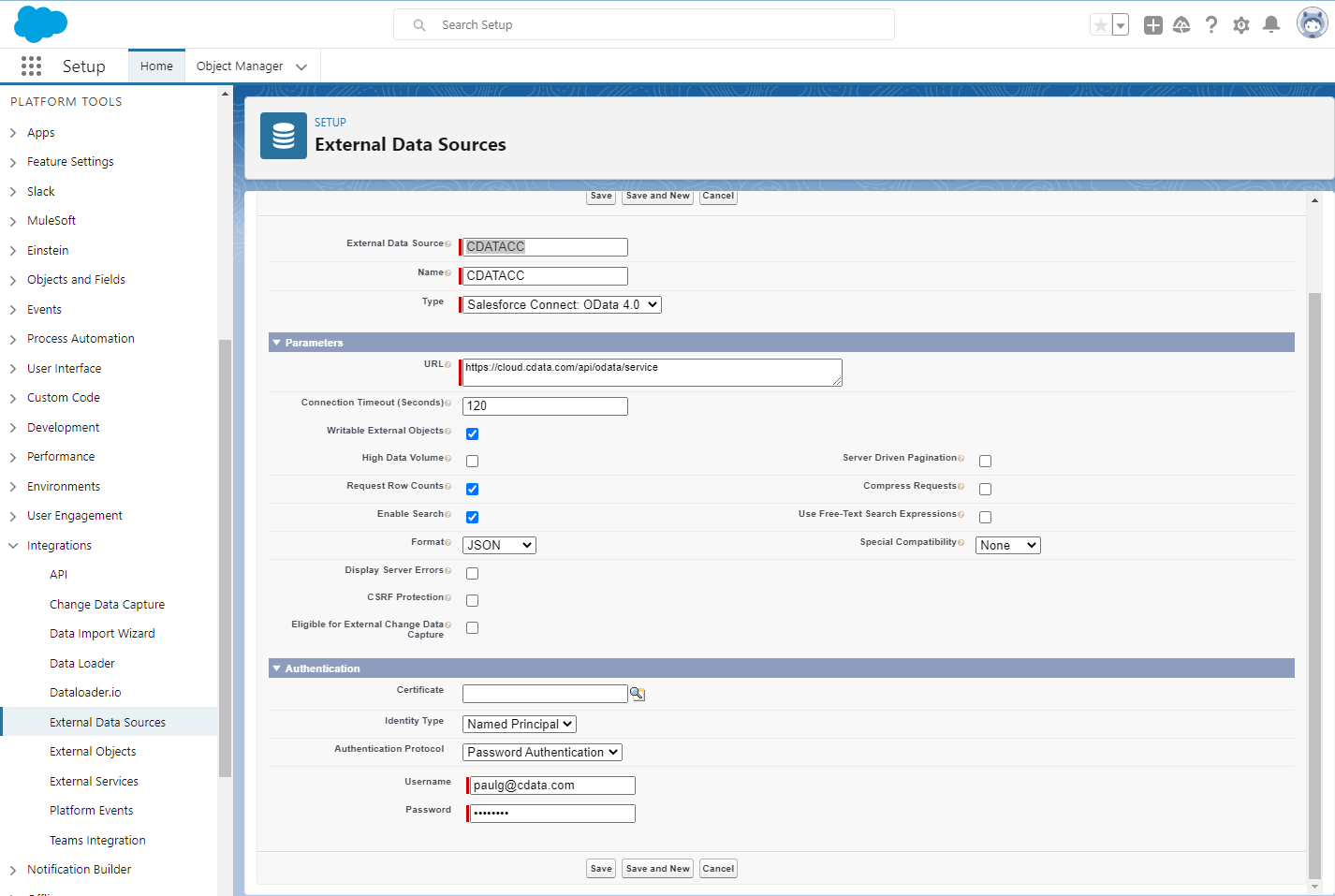 Configuration settings for the data source (NetSuite is shown)
