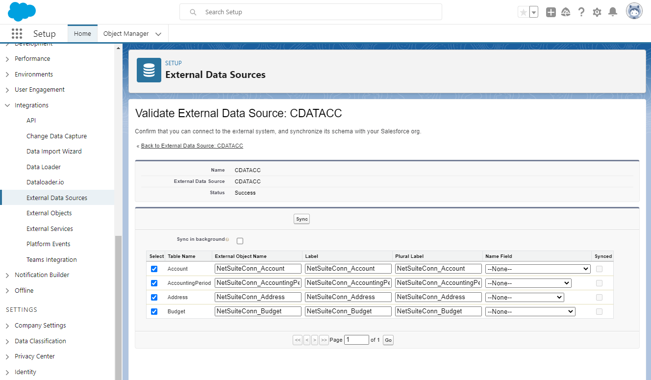 Select external objects (NetSuite is shown)