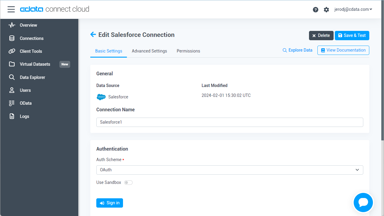 Authenticating with OAuth (Salesforce is shown).