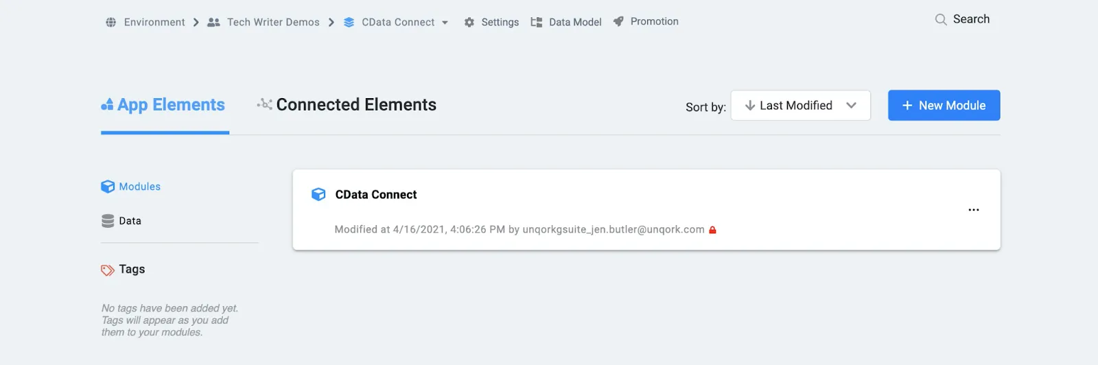 The Modules tab of the new application.