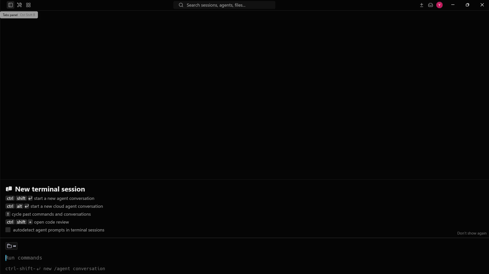 Opening the Tabs panel in Warp