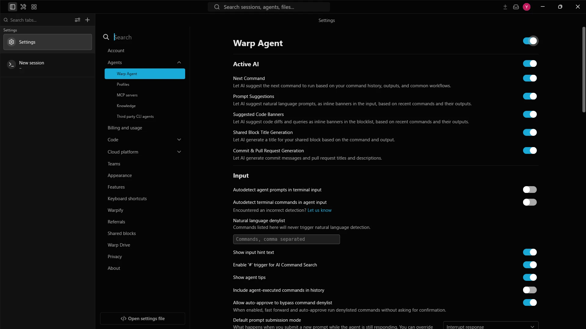 Enabling the Warp Agent in Settings