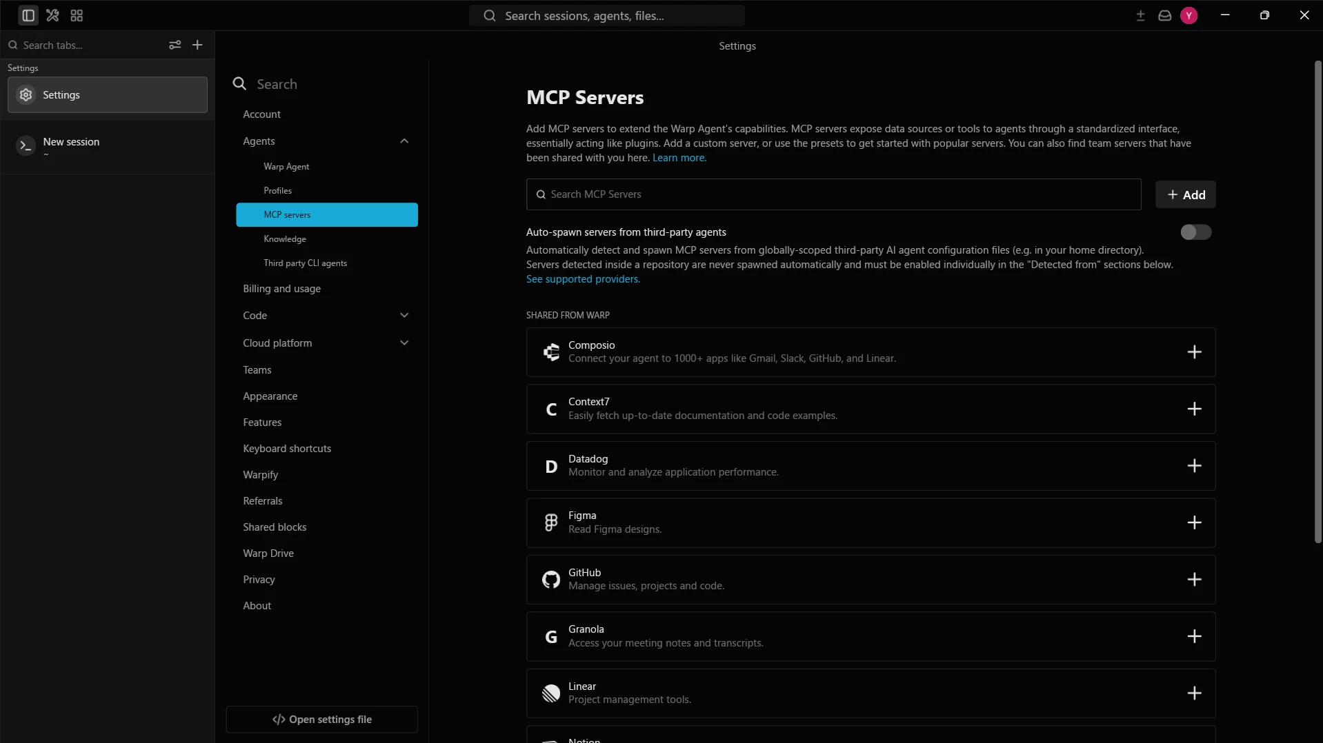 Adding a new MCP server in Warp