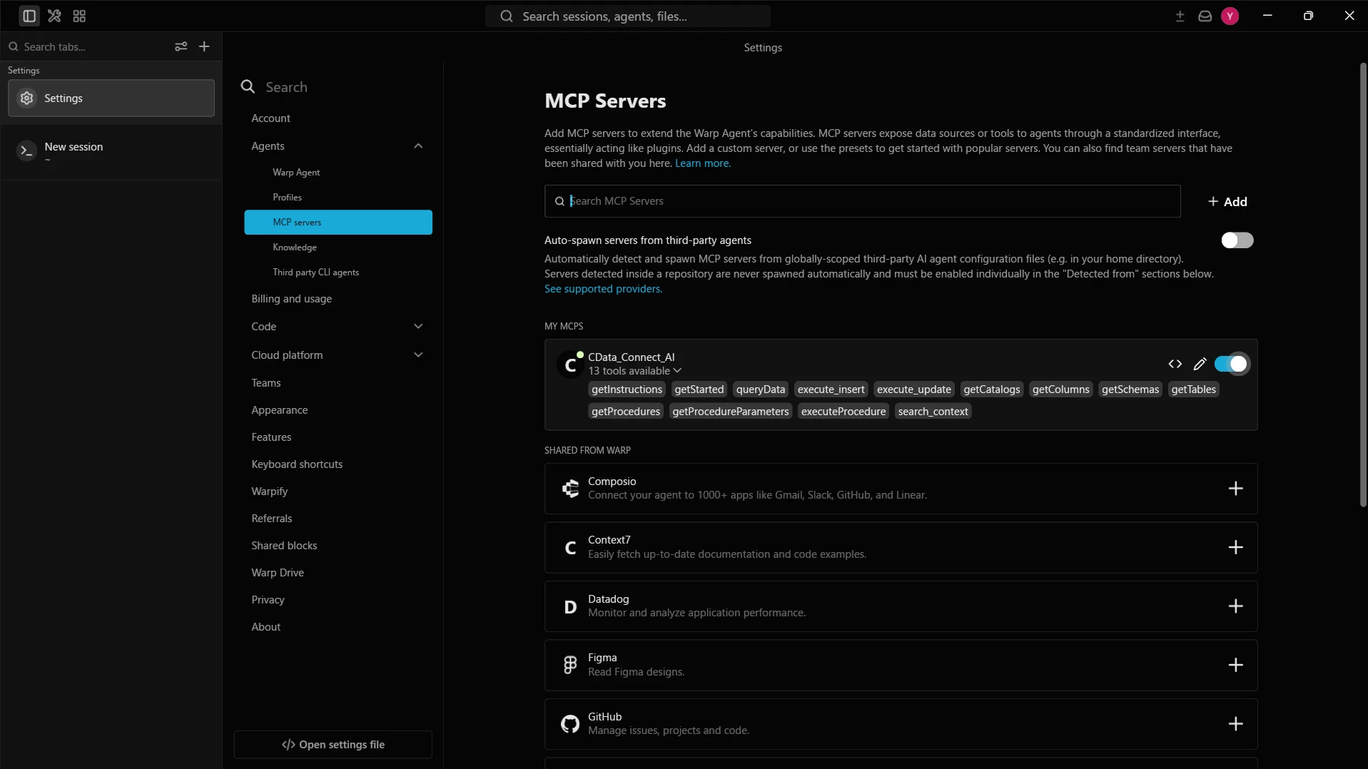 Verifying the Connect AI MCP Server is enabled in Warp