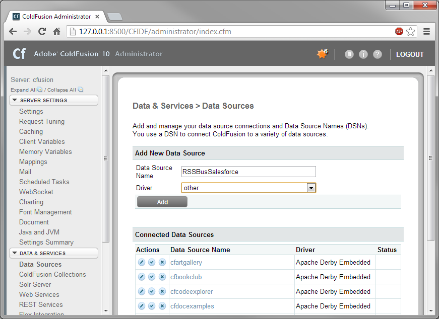 Adding a JDBC data source to ColdFusion. (Salesforce is shown.)