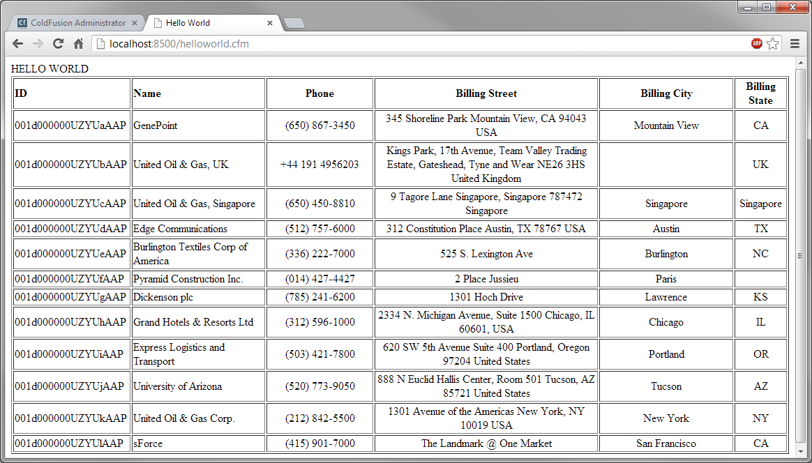Query results in an HTML table. (Salesforce is shown.)