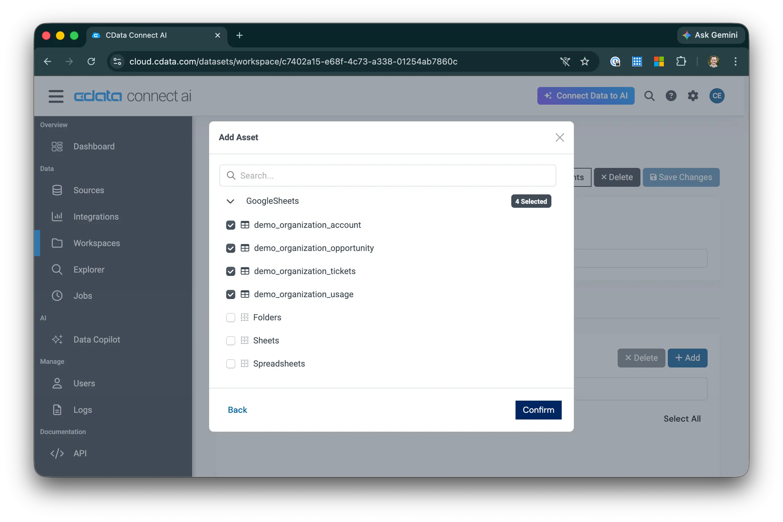 Adding tables to the Workspace