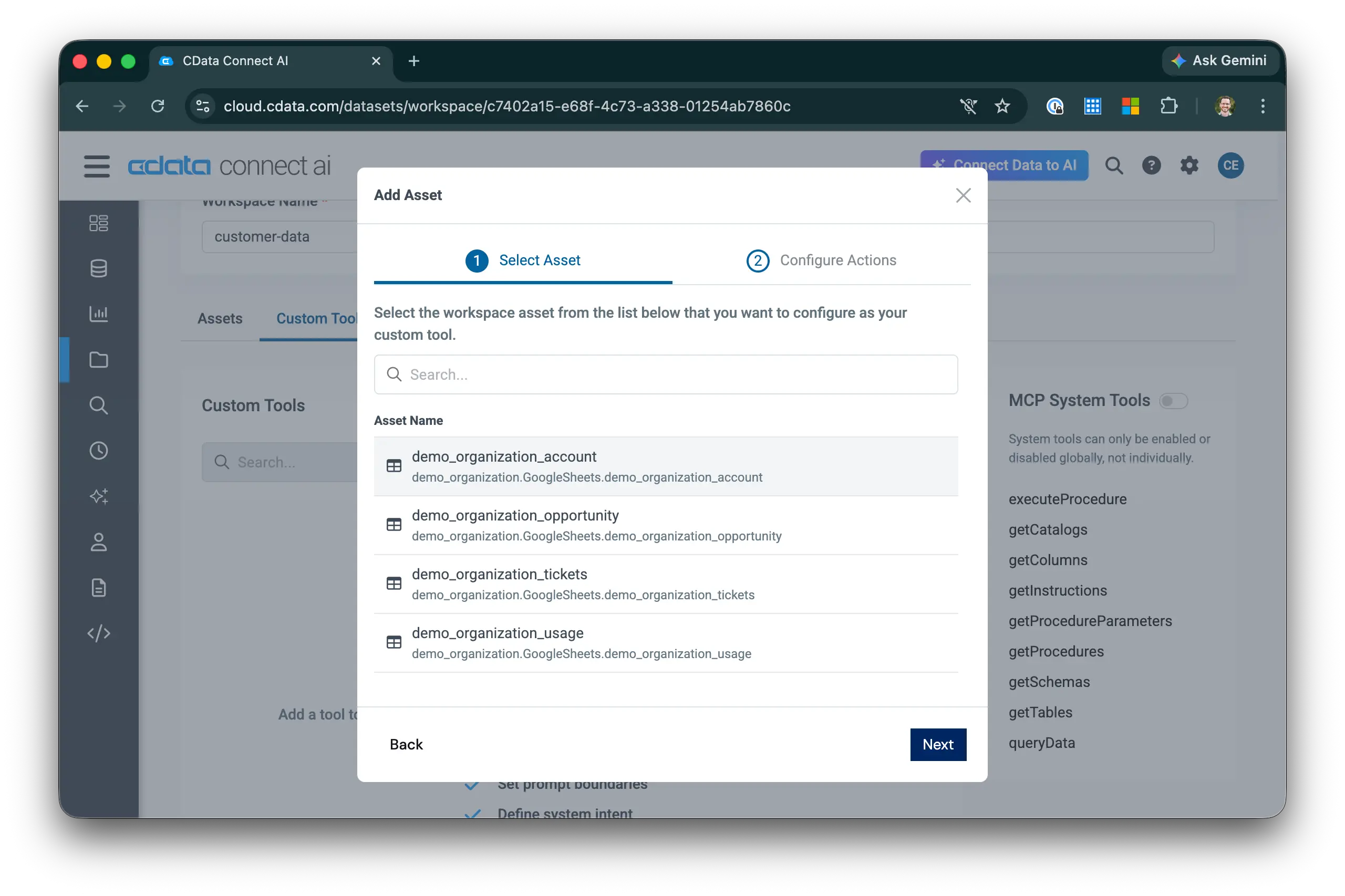 Adding a Workspace Asset tool