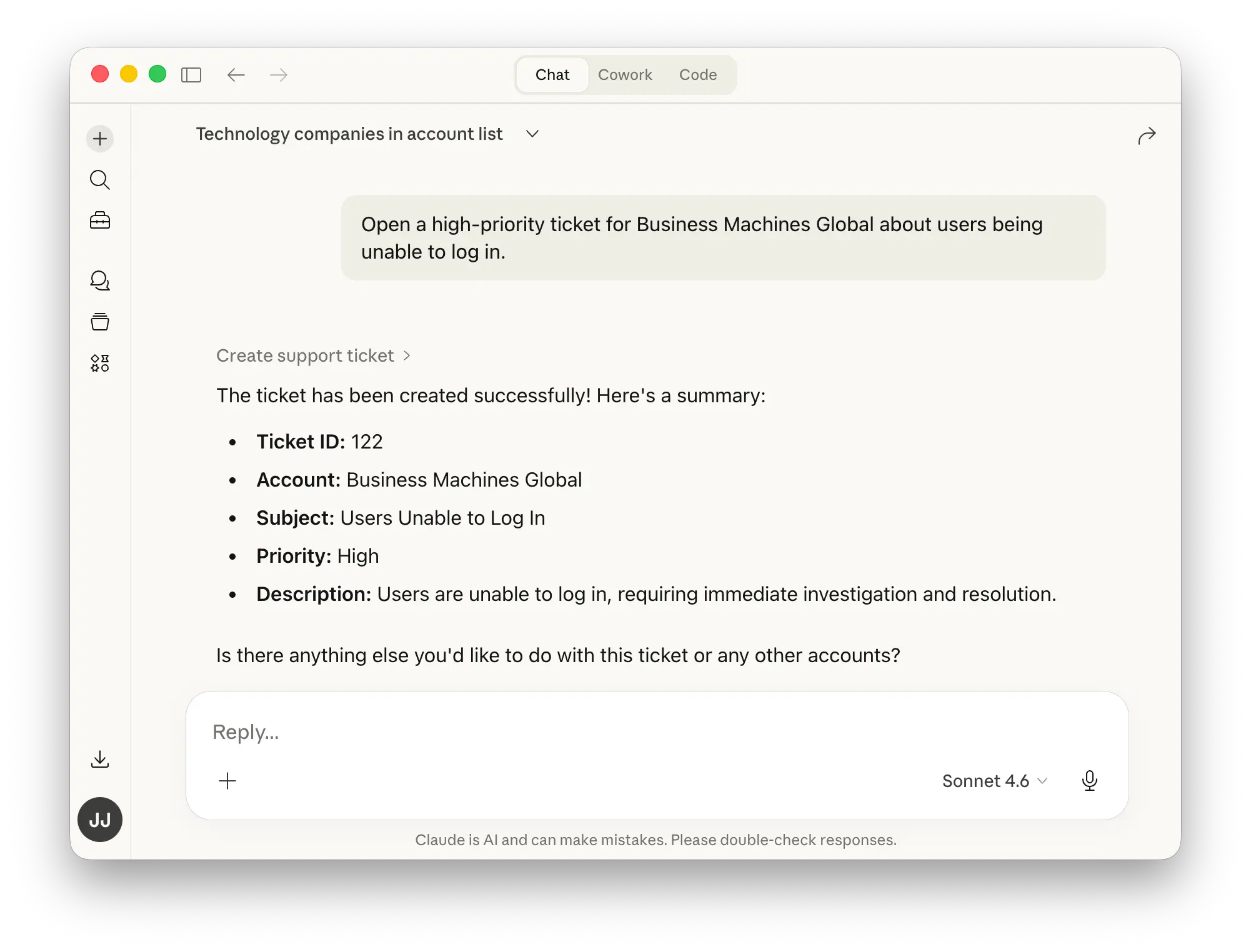 Claude invoking the create_support_ticket tool