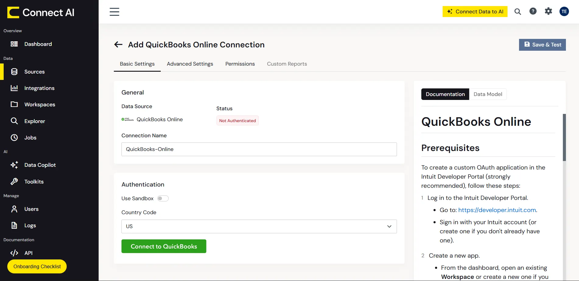 Authenticating with OAuth (QuickBooks is shown).
