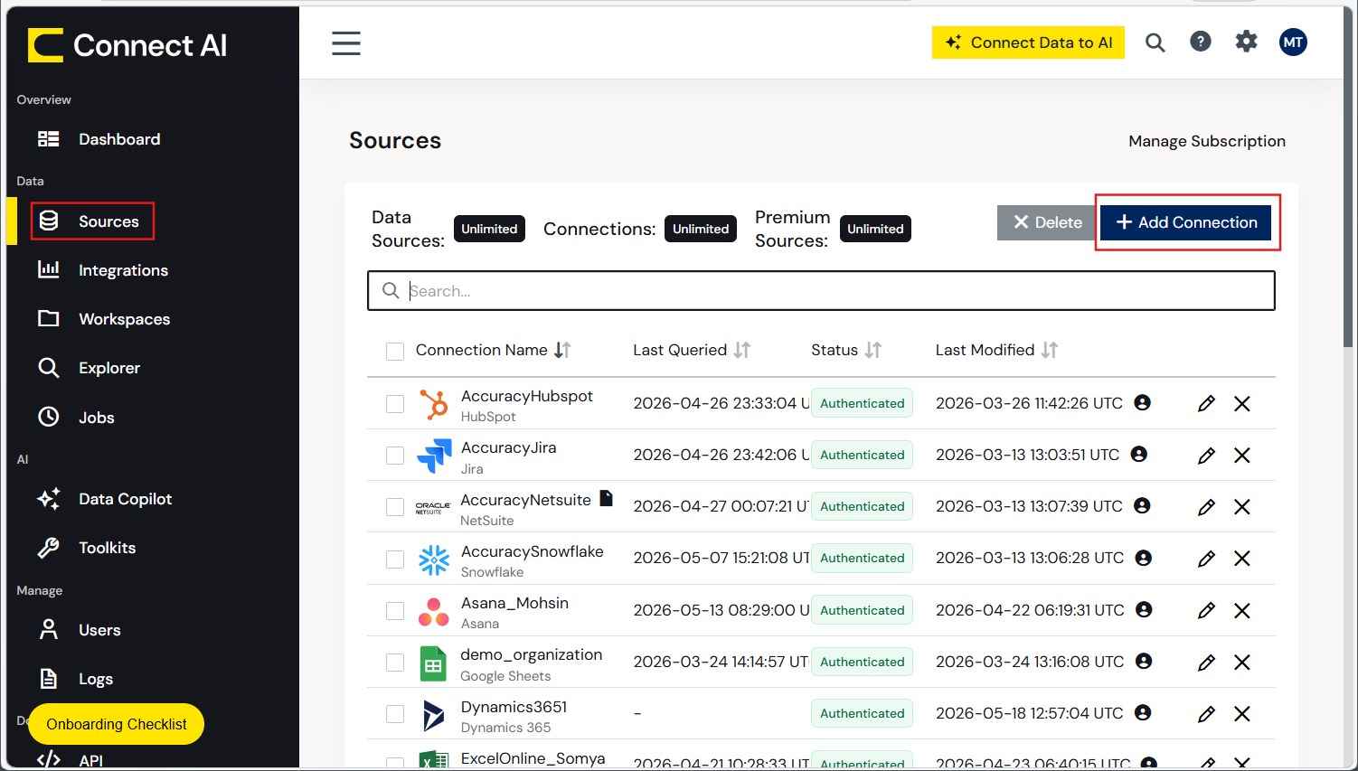 Sources page in CData Connect AI with the Add Connection button Sources page in CData Connect AI with the Add Connection button